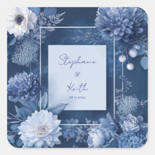Monochrome Floral Navy Blue White Modern Square Sticker