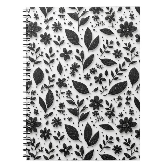 Monochrome Floral Pattern With Leaves And Flowers Notebook (Front)