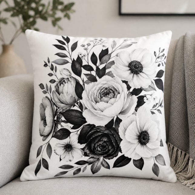 Monochrome Floral Throw Pillow (Creator Uploaded)