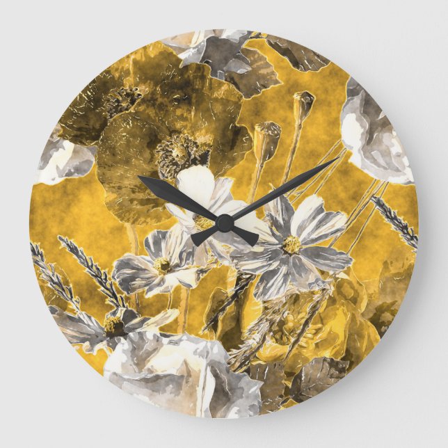 Monochrome Floral Watercolor Poppies Pattern Large Clock (Front)