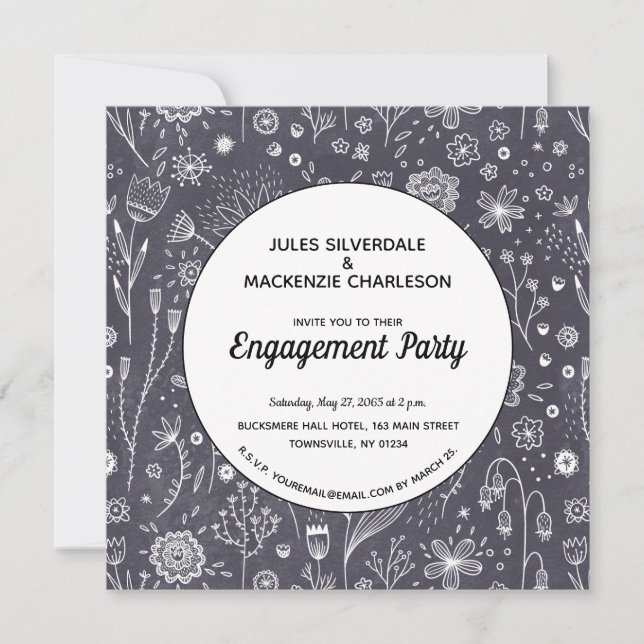 Monochrome Flower Chalkboard Modern Engagement Invitation (Front)