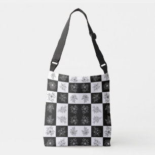 Monochrome Flowers and chequerboard pattern Crossbody Bag
