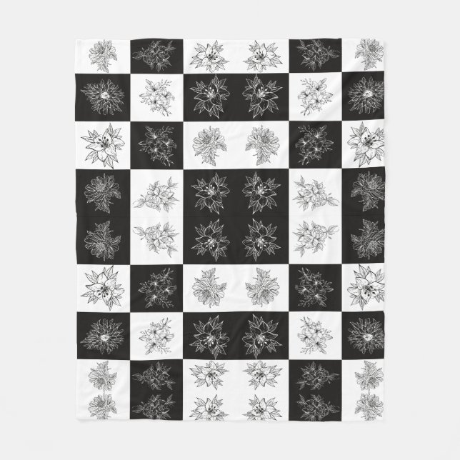 Monochrome Flowers and chequerboard pattern Fleece Blanket (Front)