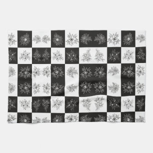 Monochrome Flowers and chequerboard pattern Kitchen Towel