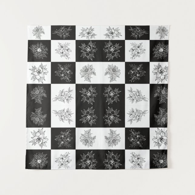 Monochrome Flowers and chequerboard pattern Tapestry (Front)