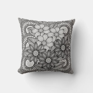 Monochrome Flowers Drawing Throw Pillow