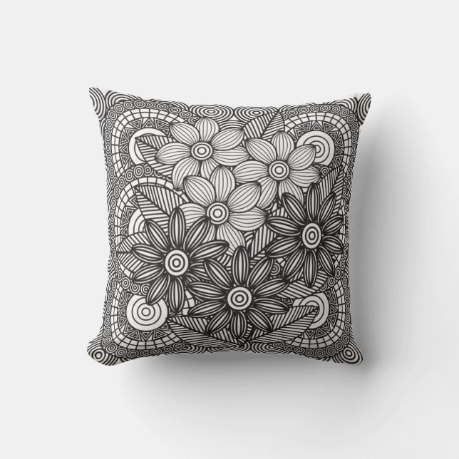 Monochrome Flowers Drawing Throw Pillow (Front)