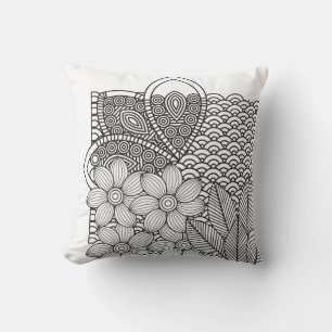 Monochrome Flowers Drawing Throw Pillow