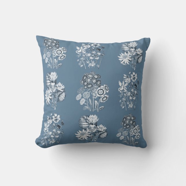 Monochrome flowers in blue throw pillow (Front)