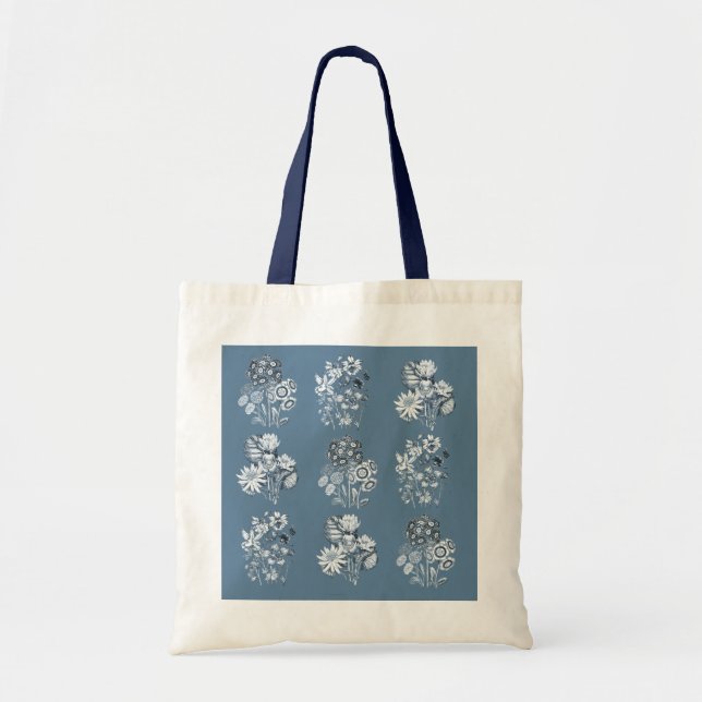 Monochrome flowers in blue tote bag (Front)