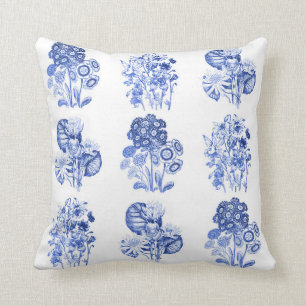 Monochrome flowers in Delft blue Throw Pillow