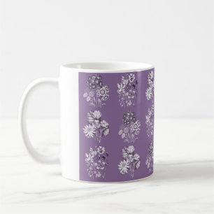 Monochrome flowers in lavender coffee mug