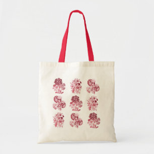 Monochrome flowers in red tote bag