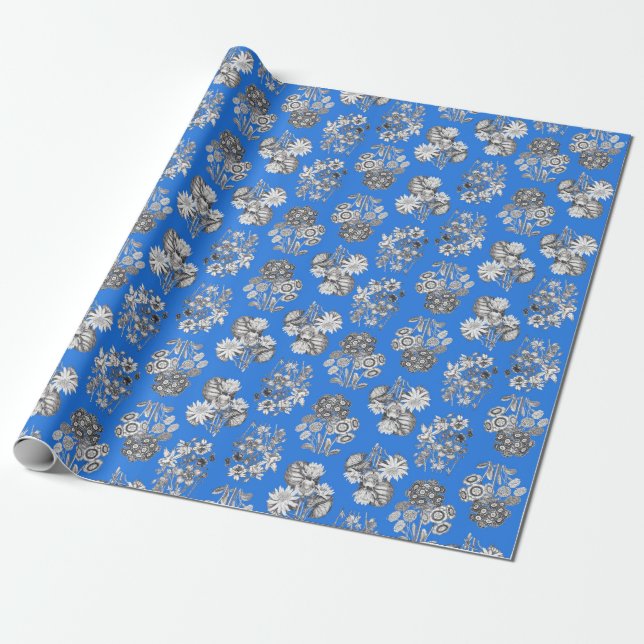 Monochrome Flowers on Bright Blue Ground Giftwrap Wrapping Paper (Unrolled)