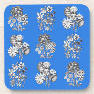 Monochrome flowers on electric blue background coaster