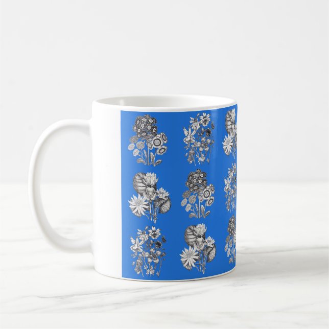 Monochrome flowers on electric blue background coffee mug (Left)