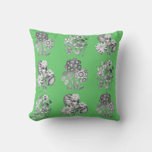Monochrome flowers on green background throw pillow