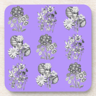 Monochrome flowers on lilac background coaster