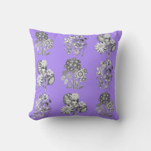 Monochrome flowers on lilac background throw pillow