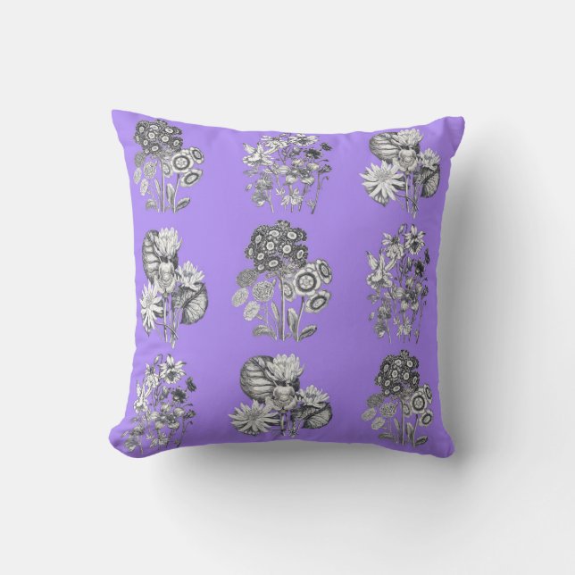 Monochrome flowers on lilac background throw pillow (Front)