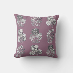 Monochrome flowers on mauve background throw pillow