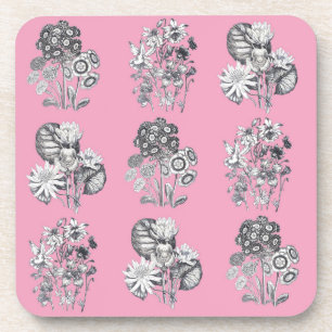 Monochrome flowers on pink background coaster