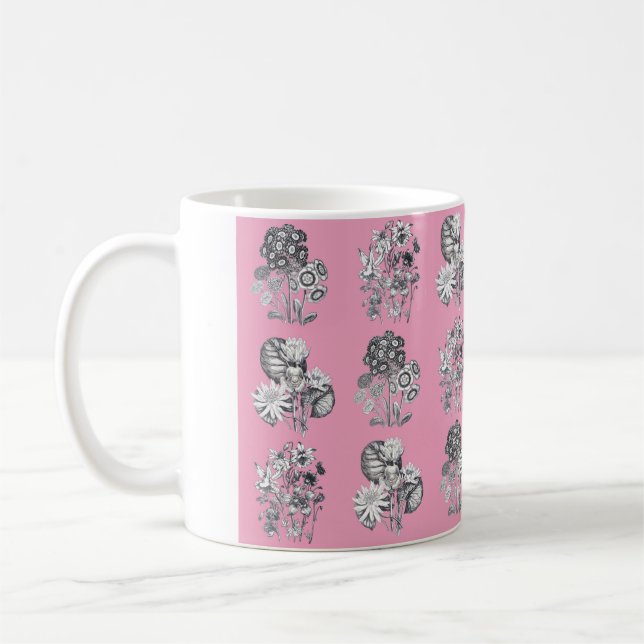 Monochrome flowers on pink background coffee mug (Left)
