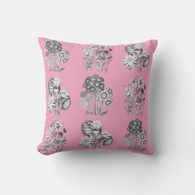 Monochrome flowers on pink background throw pillow (Front)