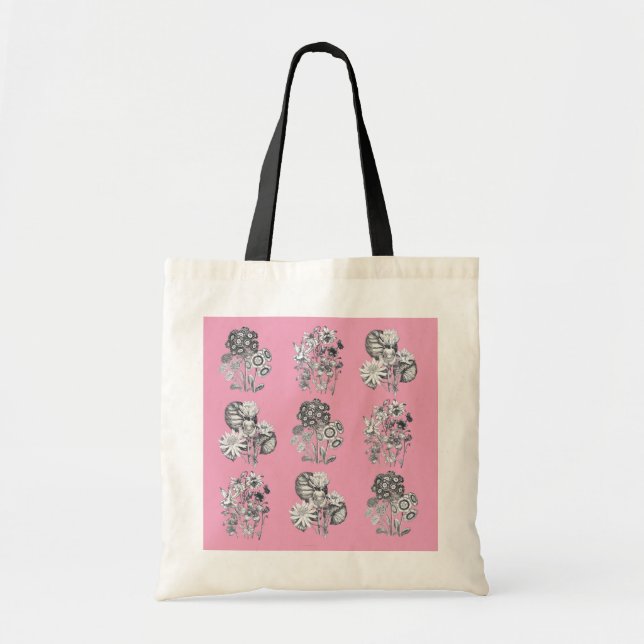 Monochrome flowers on pink background tote bag (Front)