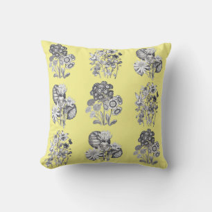 Monochrome flowers on yellow background throw pillow