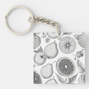 Monochrome Fruit Pattern with Botanical Elements Keychain