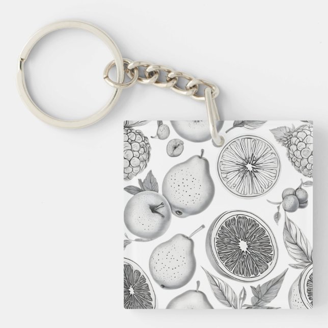 Monochrome Fruit Pattern with Botanical Elements Keychain (Front)