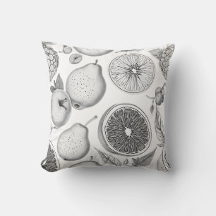 Monochrome Fruit Pattern with Botanical Elements Throw Pillow
