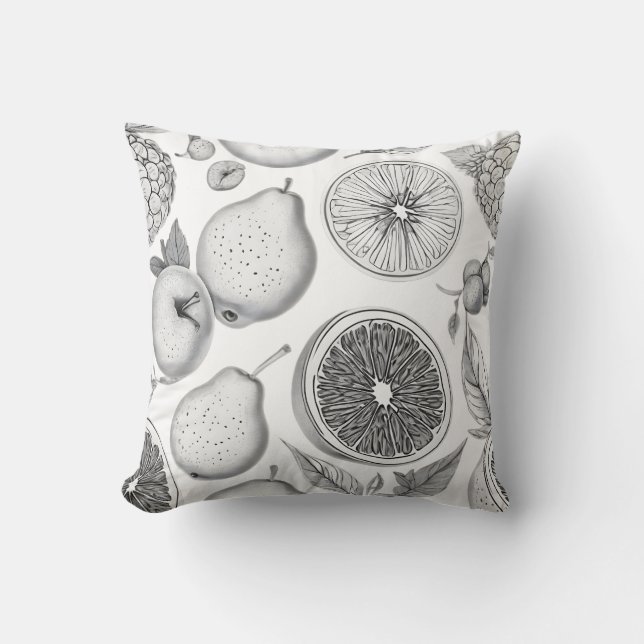 Monochrome Fruit Pattern with Botanical Elements Throw Pillow (Front)