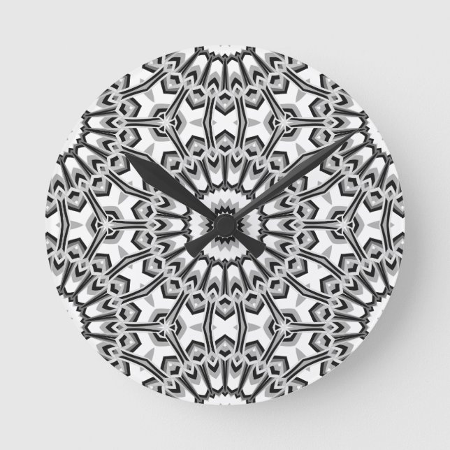 Monochrome Geometric Mandala Bloom Round Clock (Front)