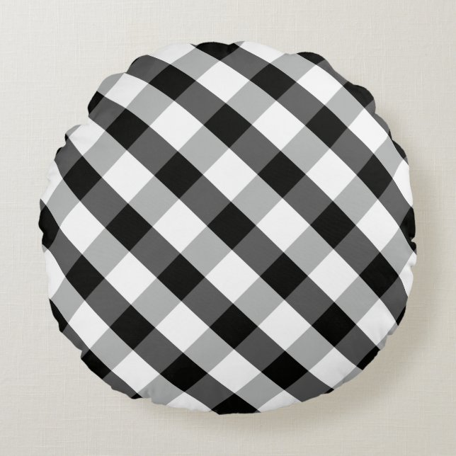 Monochrome Gingham Round Pillow (Front)
