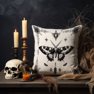 Monochrome Gothic Moth Throw Pillow