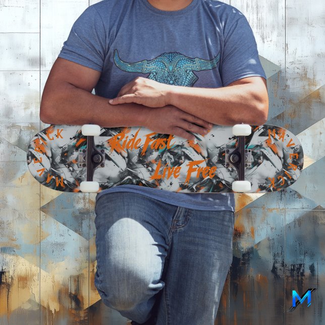 Monochrome Graffiti & Orange 'Ride Fast Live Free' Skateboard (Creator Uploaded)