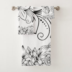 Monochrome Graphic Art, Beautiful Flower Bath Towel Set