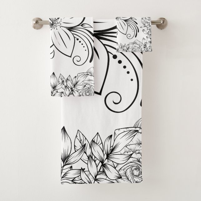 Monochrome Graphic Art, Beautiful Flower Bath Towel Set (Insitu)