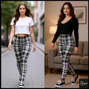 Monochrome Gray Black White Tartan Plaid Leggings