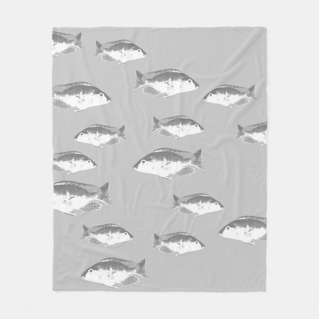 Monochrome grey fish fleece blanket (Front)