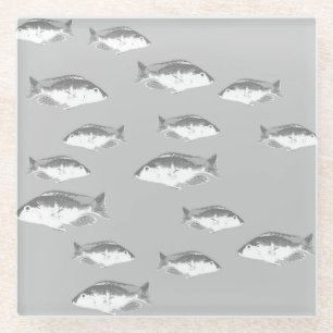 Monochrome grey fish glass coaster