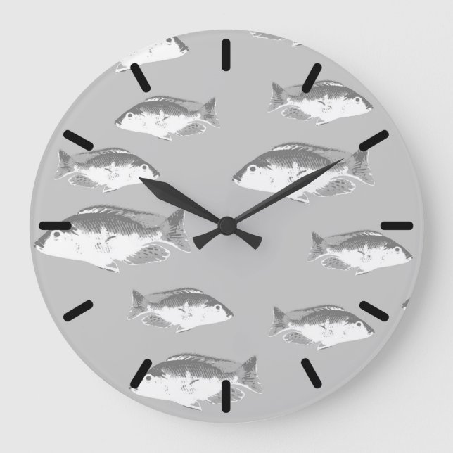 Monochrome grey fish large clock (Front)