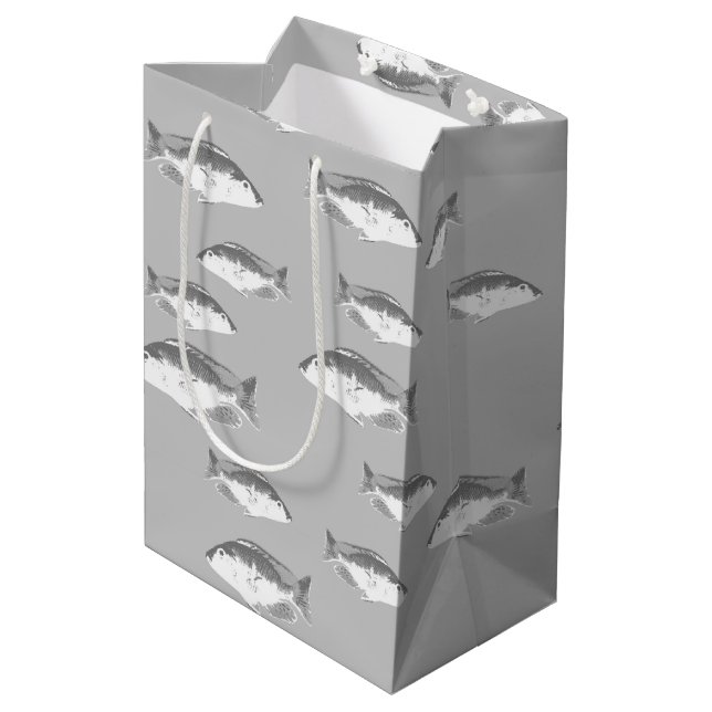 Monochrome grey fish medium gift bag (Back Angled)