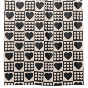 Monochrome Hearts Checkered Modern Shower Curtain