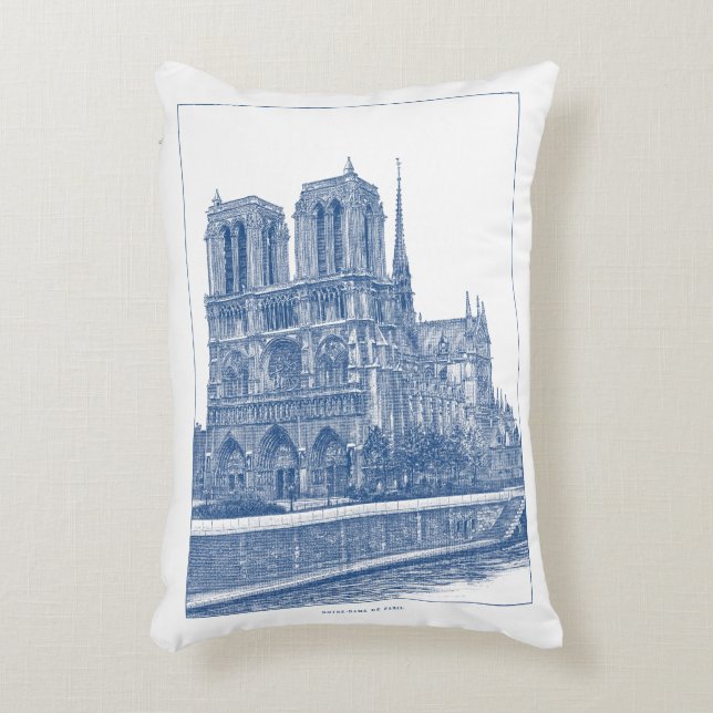 Monochrome Indigo Blue Retro Notre Dame de Paris  Accent Pillow (Front(Vertical))