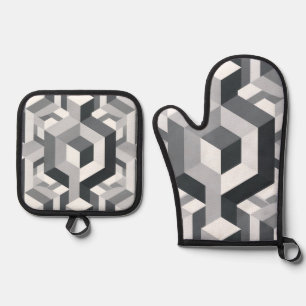 Monochrome Isometric Cube Pattern Oven Mitt & Pot Holder Set