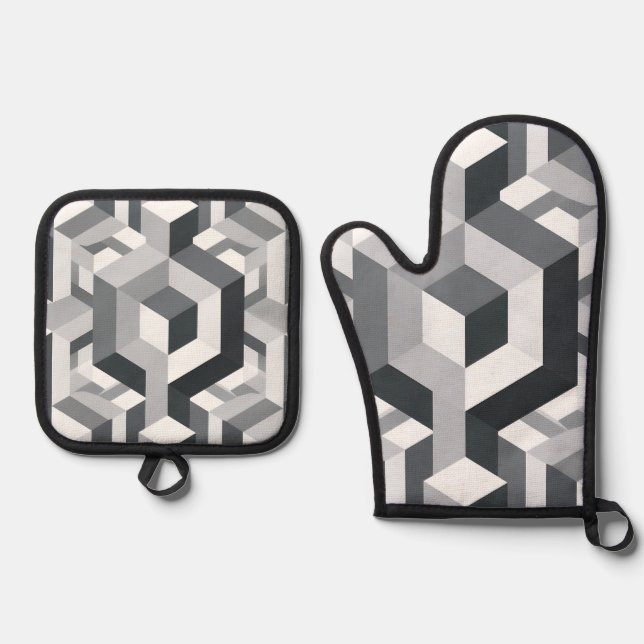 Monochrome Isometric Cube Pattern Oven Mitt & Pot Holder Set (Front)