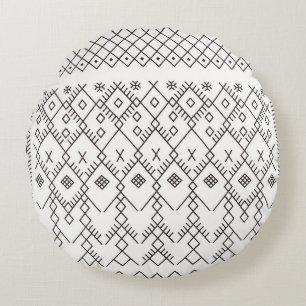 Monochrome Kilim: Moroccan Tribal Texture Art Round Pillow